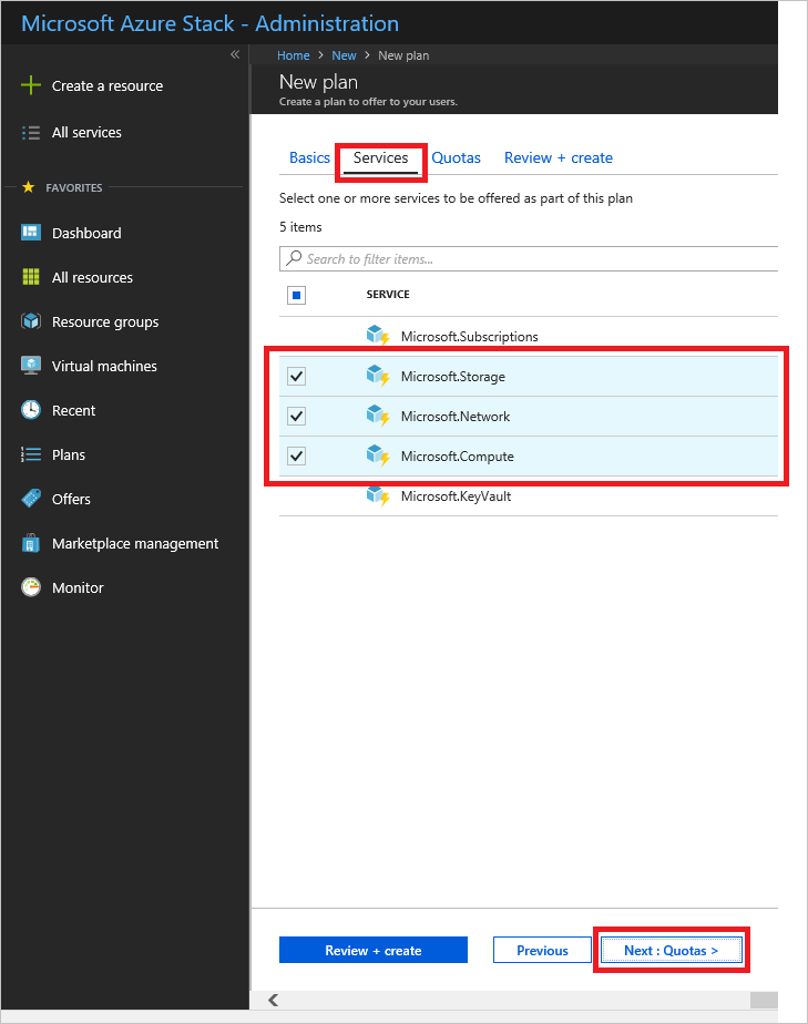 Screenshot that shows how to select services for new plan in Azure Stack Hub.