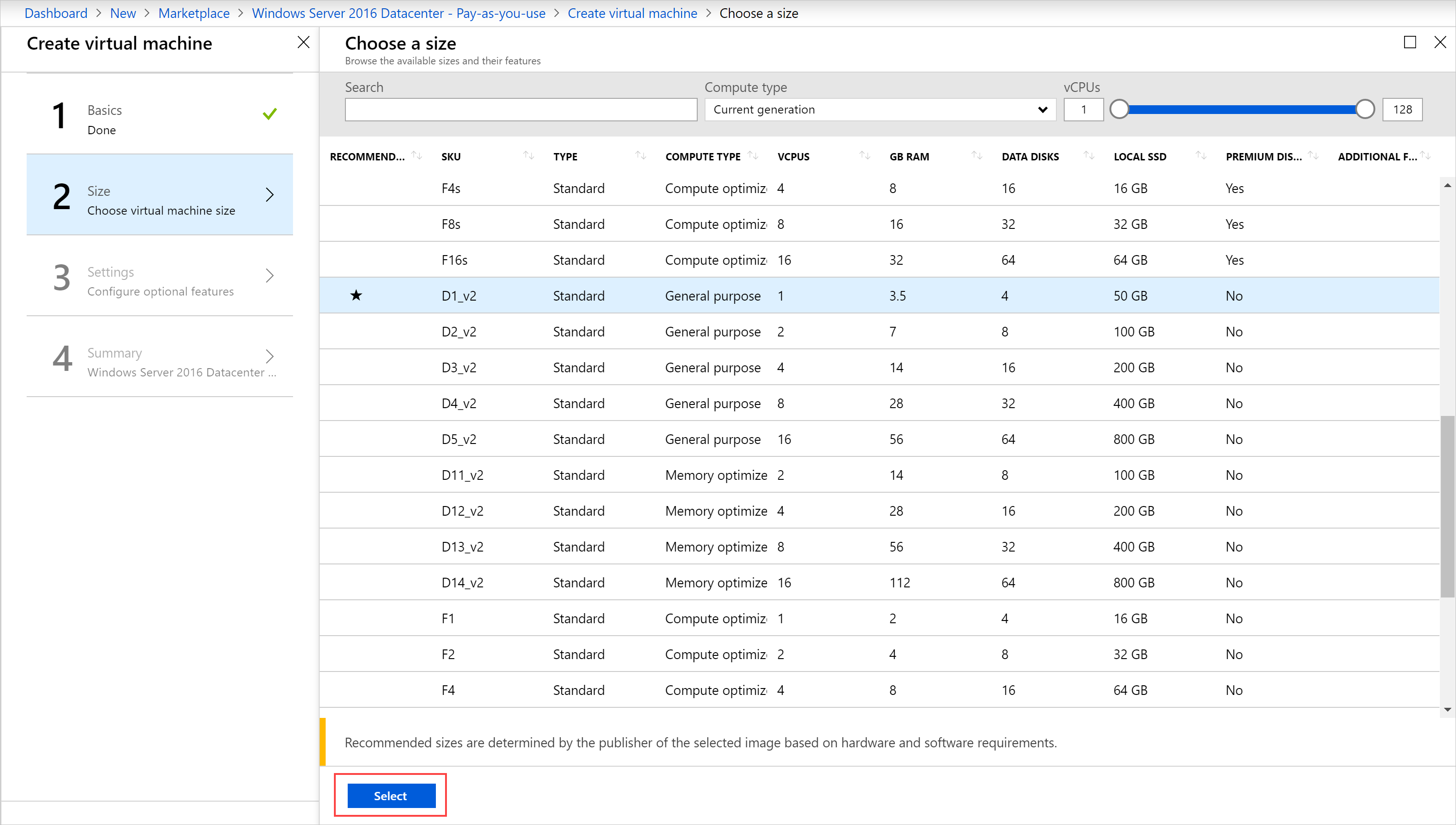 Create a VM - Size