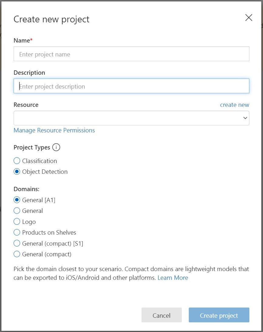 Screenshot of the new project dialog box with fields for name, description, and domains.