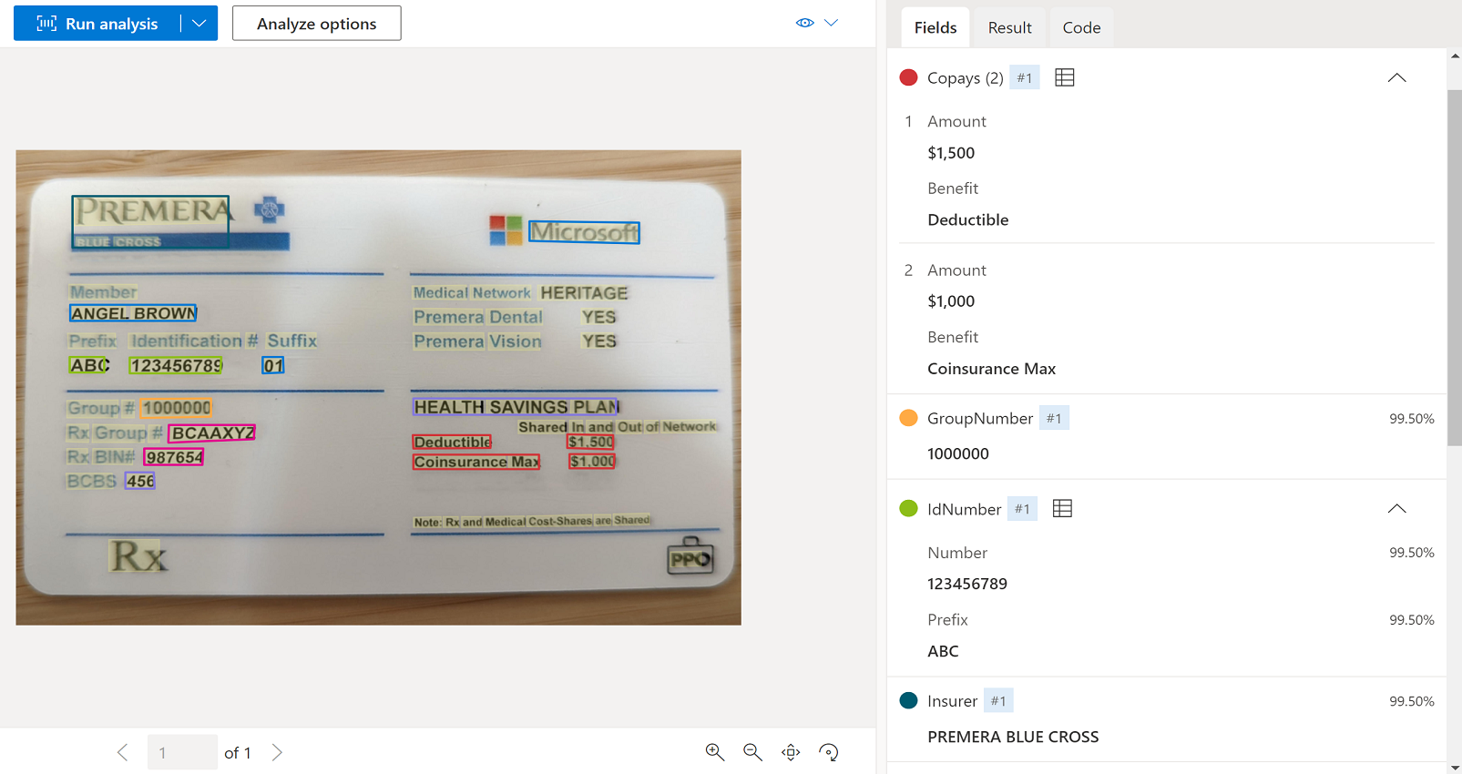 Screenshot of Health insurance card model analysis using Document Intelligence Studio.