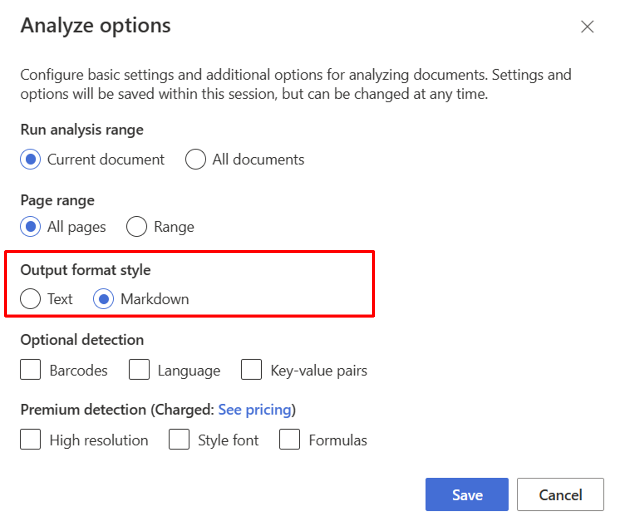 Screenshot of Analyze options dialog window with RAG required options in the Document Intelligence studio.