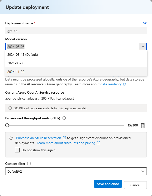 Screenshot of update deployment dialogue box with the model version field selector opened to show model version options available for selection.