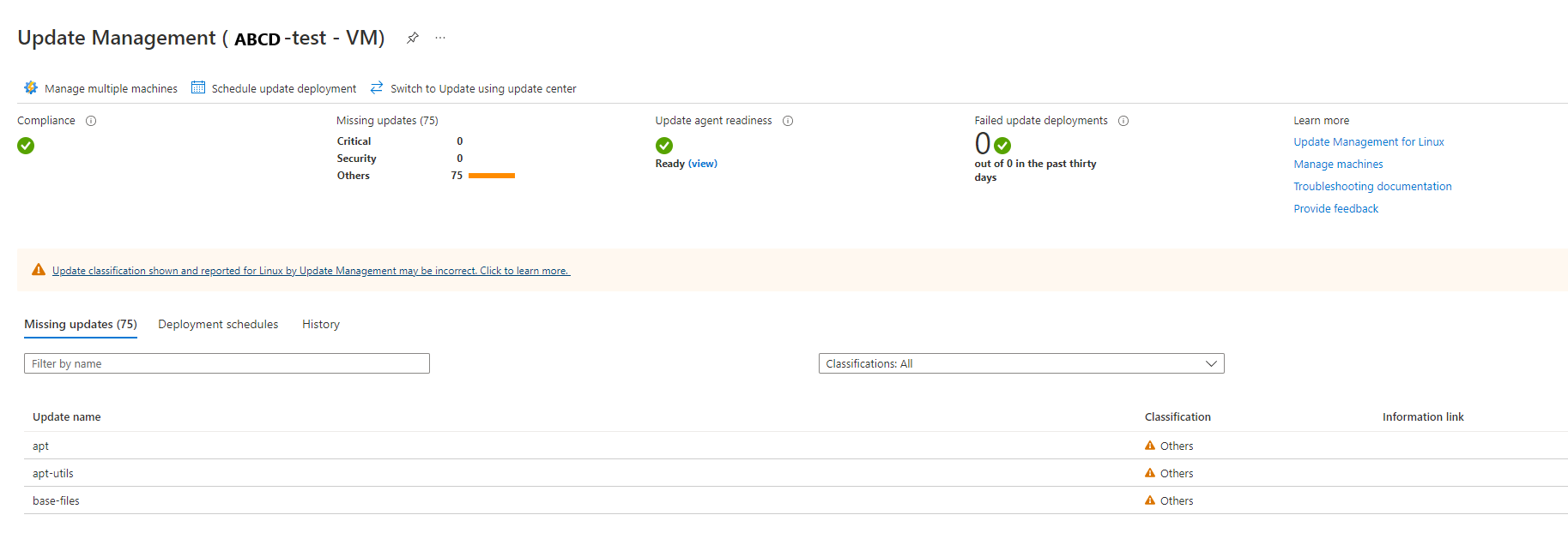 Screenshot of Update Management assessment view for Azure VM.