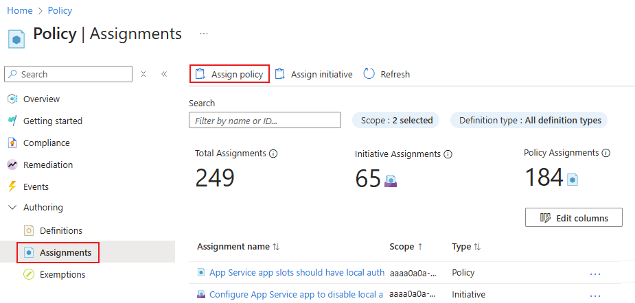 Screenshot of All services Policy window showing policy assignments.