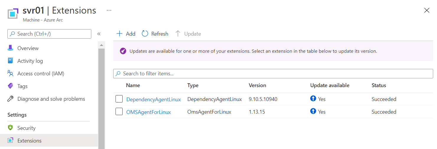 Screenshot that shows a list of virtual machine extensions deployed to a selected machine.