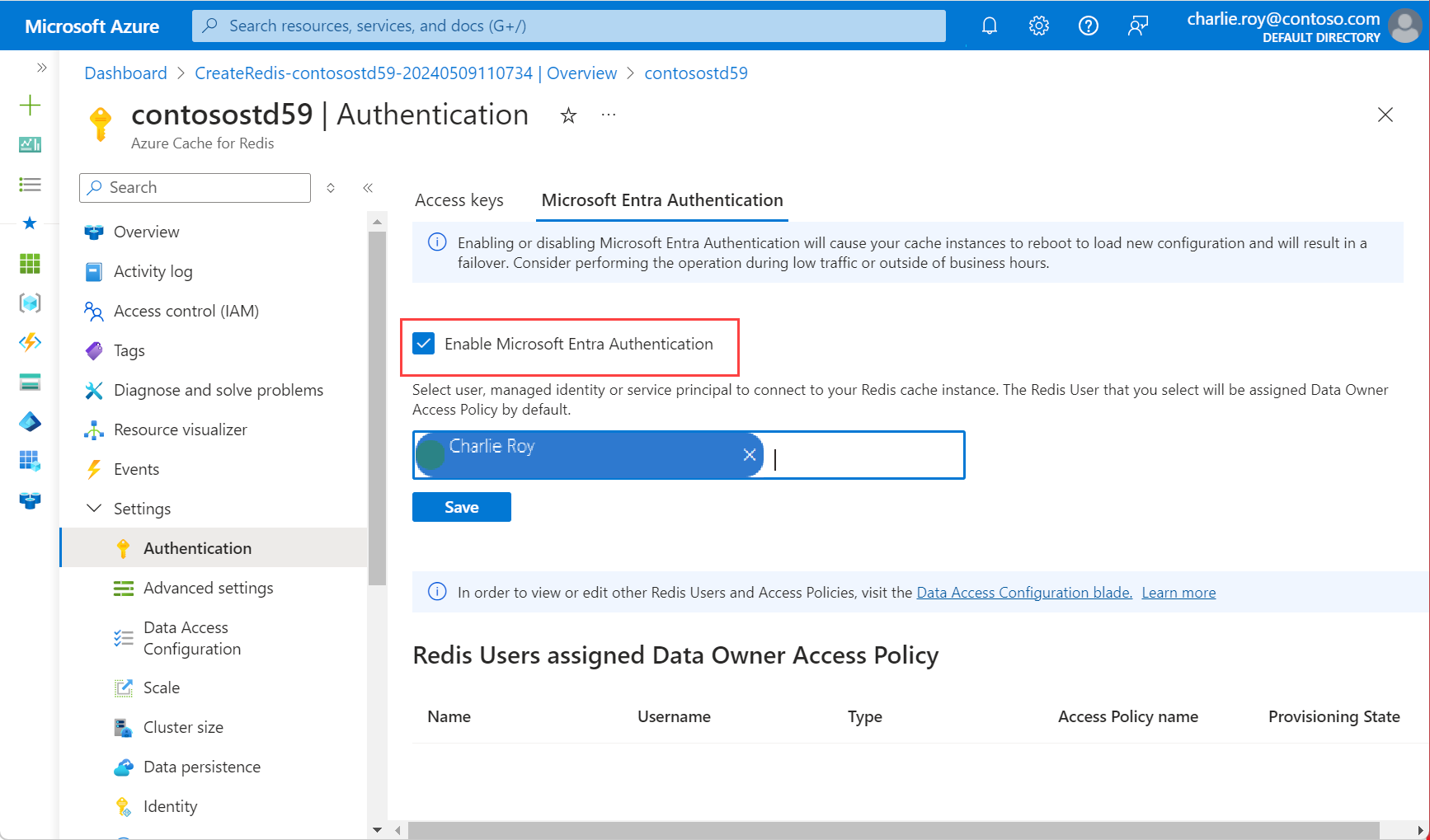 Screenshot showing authentication selected in the resource menu and the Enable Microsoft Entra authentication checkbox.