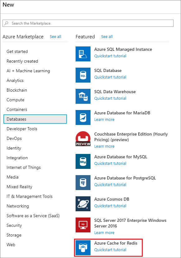 Screenshot showing how to select Azure Cache for Redis.