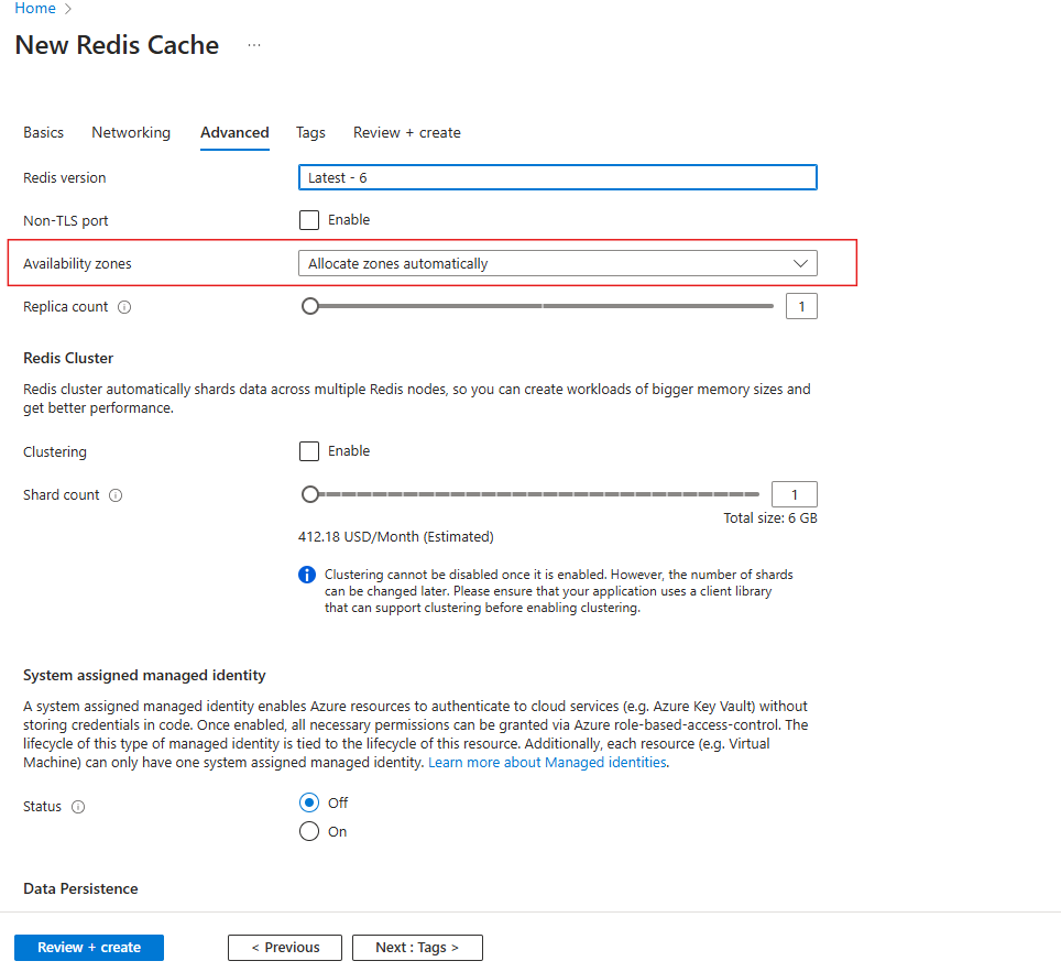 Screenshot showing the Advanced tab with a red box around Availability zones for Premium cache.