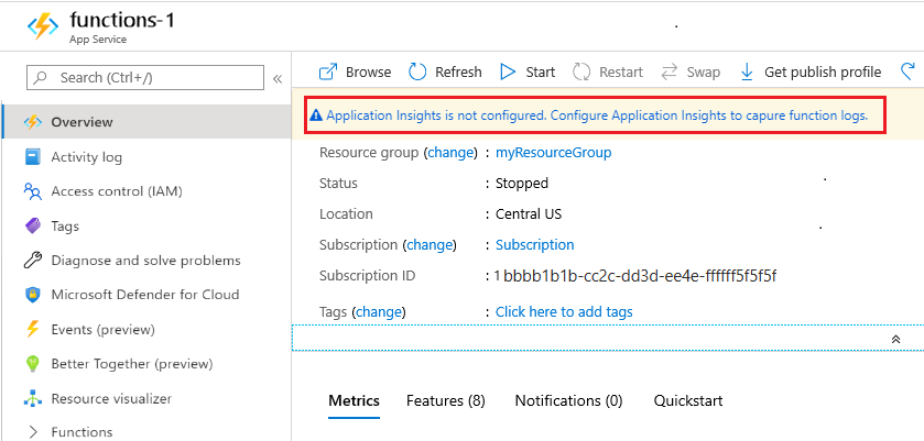 Screenshot that shows how to enable Application Insights from the portal.