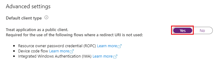 A screenshot showing the advanced settings used to specify treating the application as a public client.