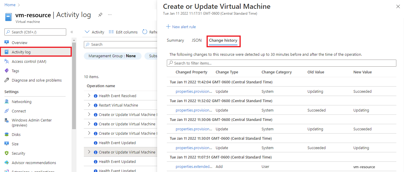 Screenshot that shows Activity log change history integration.