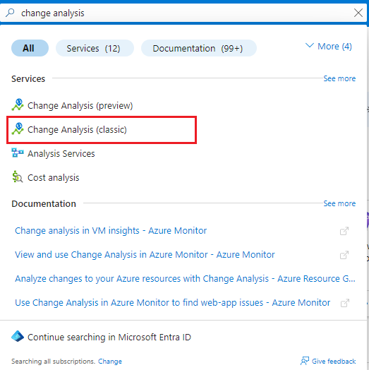 Screenshot that shows searching for Change Analysis (classic) in the Azure portal.