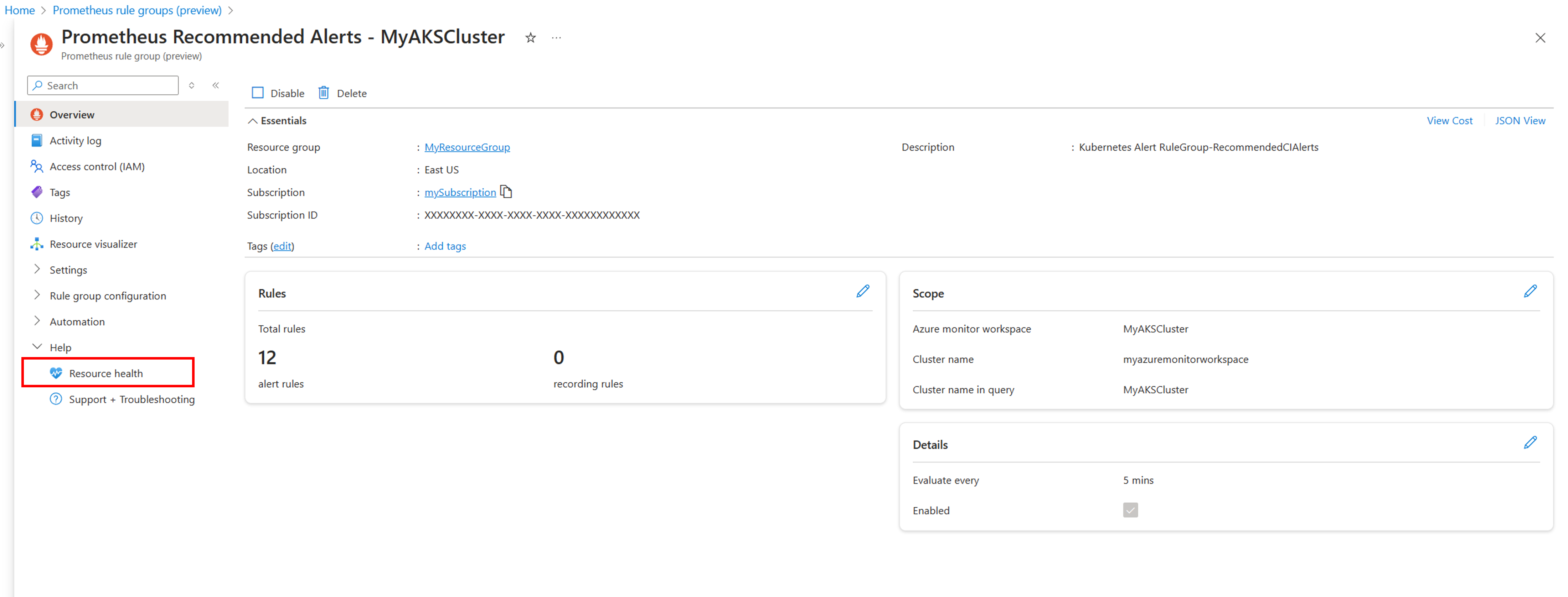 Screenshot that shows how to view resource health state of a Prometheus rule group.