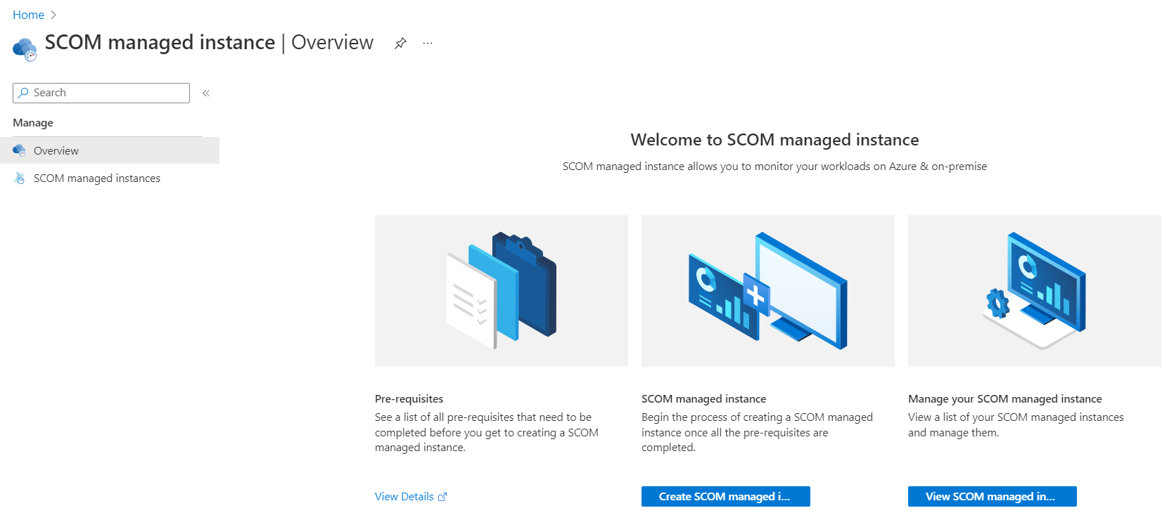 Screenshot that shows options on the Overview page for SCOM Managed Instance.