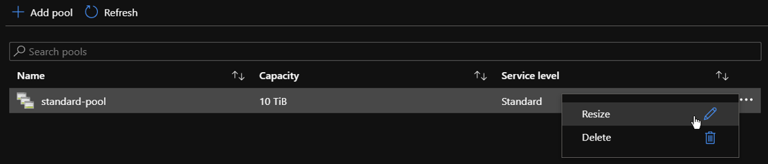 Screenshot that shows context menu options for a capacity pool.