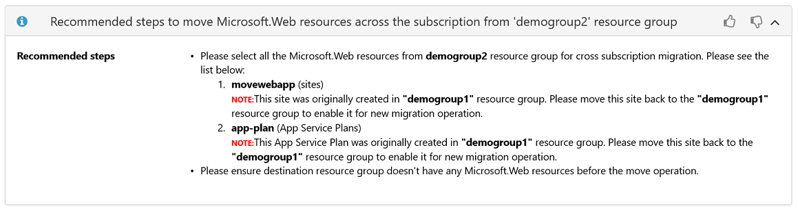 Screenshot of the Recommended Actions section displaying the original resource group for the web app.