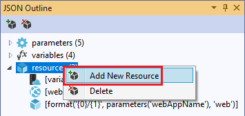 Screenshot of the JSON Outline window highlighting the Add New Resource option.