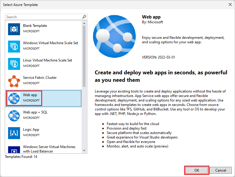 Screenshot of the template selection window with Web app template highlighted.