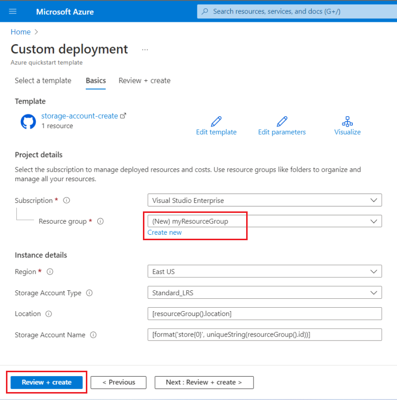 Screenshot of input fields for custom template in Azure portal.