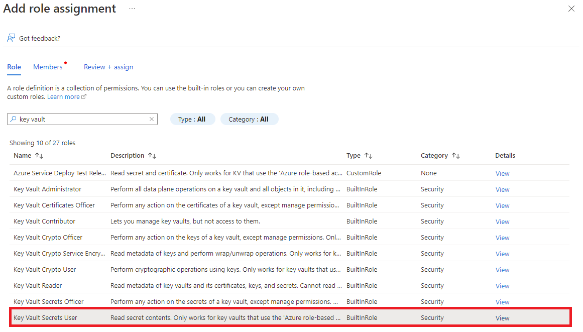 Screenshot of role tab when adding role assignment to Key Vault.