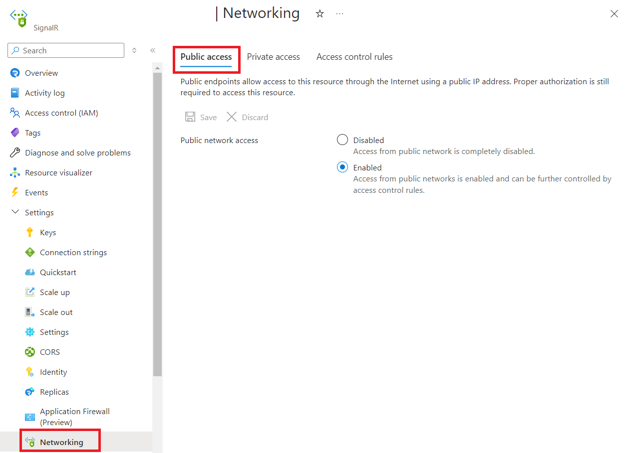 Screenshot showing how to configure public network access.