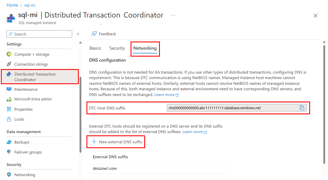 Screenshot that shows the Networking tab of the DTC pane for your managed instance in the Azure portal, with New external DNS suffix highlighted.