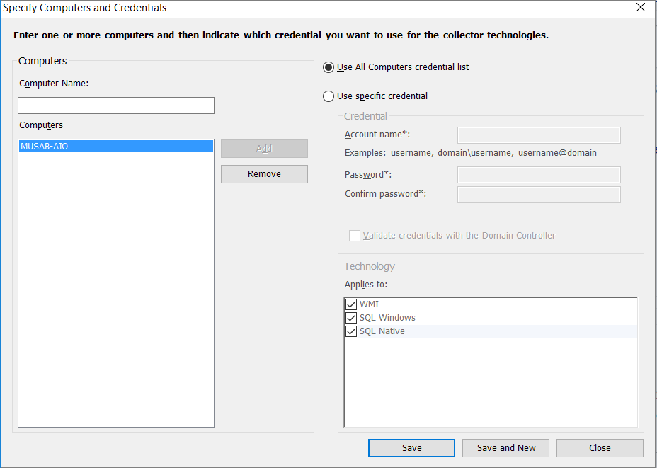 Screenshot that shows the Specify Computers and Credentials page of the Inventory and Assessment Wizard.