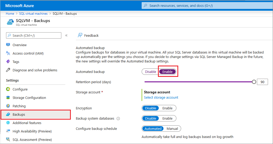 Screenshot of Automated Backup for existing VMs in the portal.