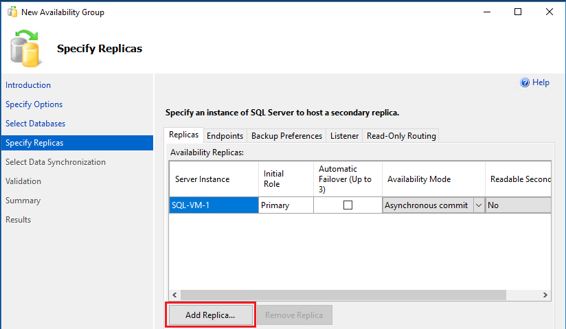 New availability group Wizard, Specify Replicas