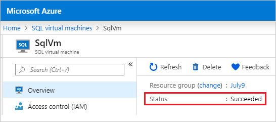 Screenshot showing how to verify status with SQL RP registration.