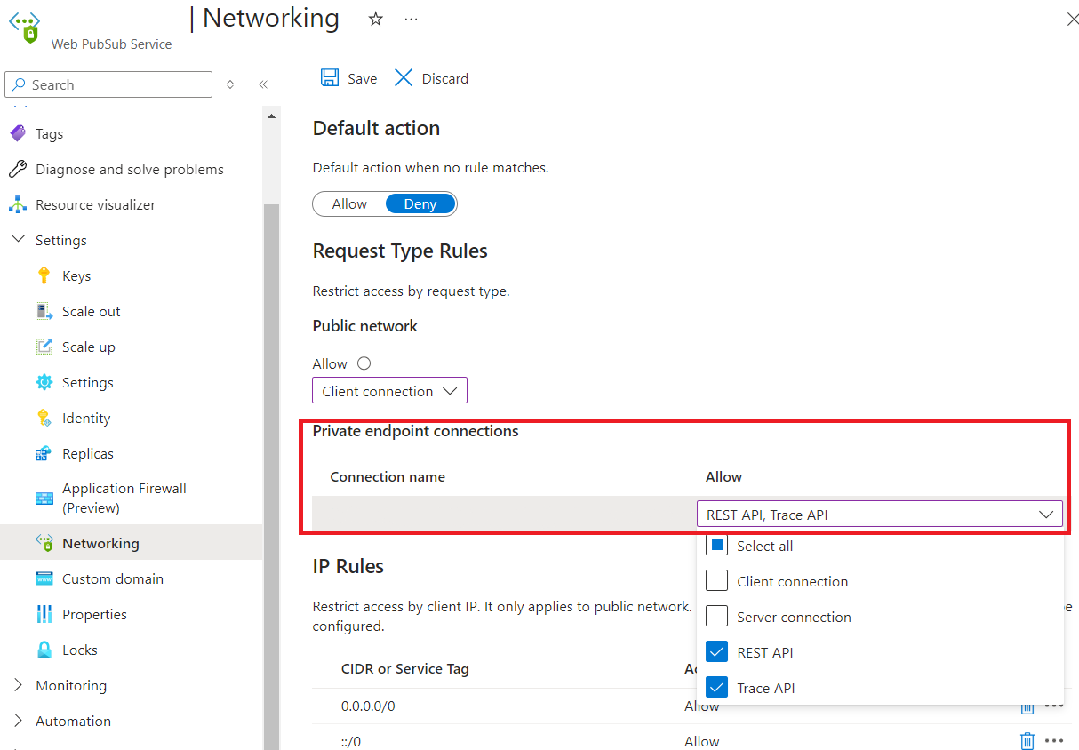 Screenshot of selecting allowed request types for private endpoints on portal.