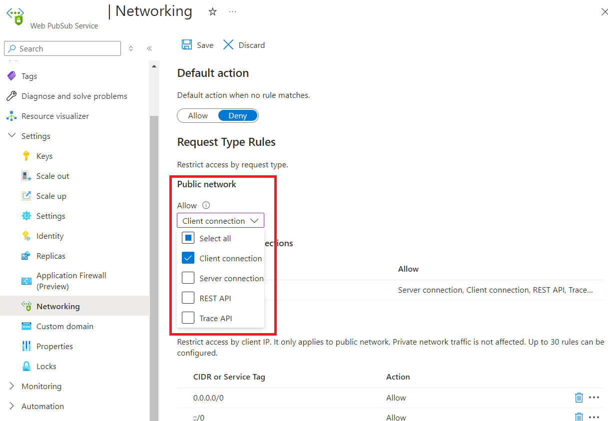 Screenshot of selecting allowed request types for public network on portal.