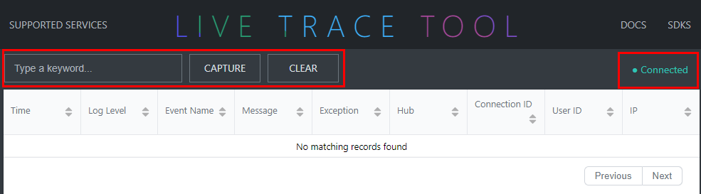 Screenshot of capturing resource logs with the live trace tool.