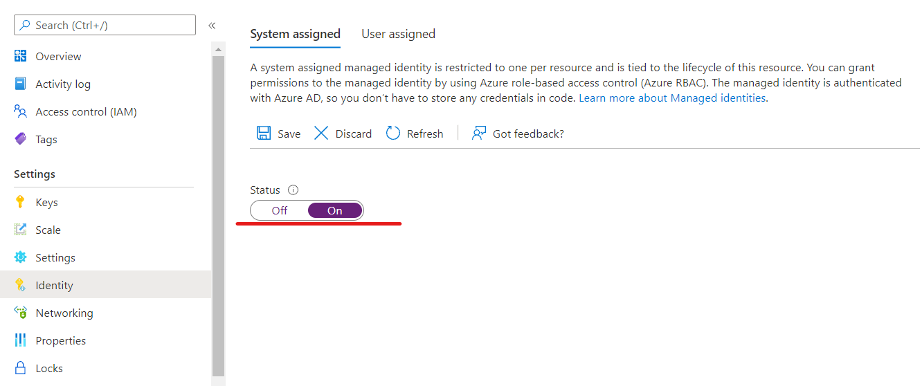 Screenshot that shows adding a system-assigned identity in the Azure portal.