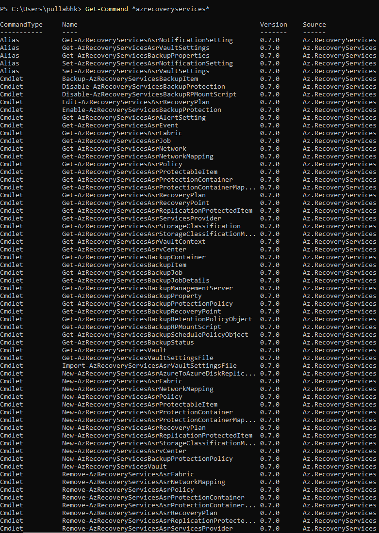 List of Recovery Services cmdlets