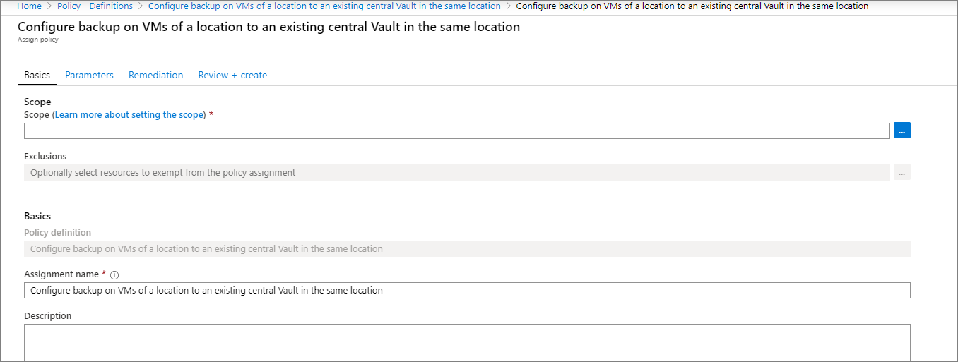 Screenshot showing the Policy Assignment Basics tab.