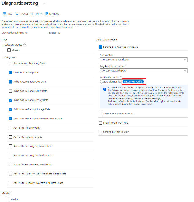 Diagnostics settings pane