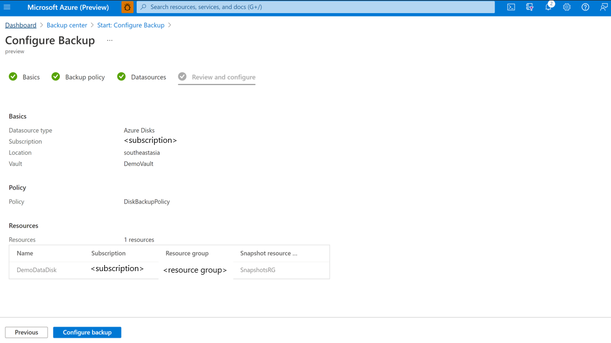 Screenshot showing the process to configure backup of selected disks.