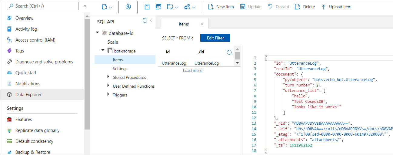 Screenshot of the Data Explorer in the Azure portal.