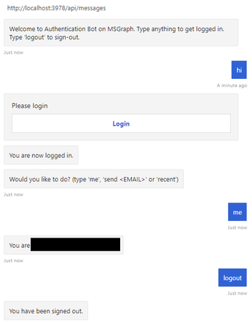 Sample conversation with the Microsoft Graph authentication sample bot.