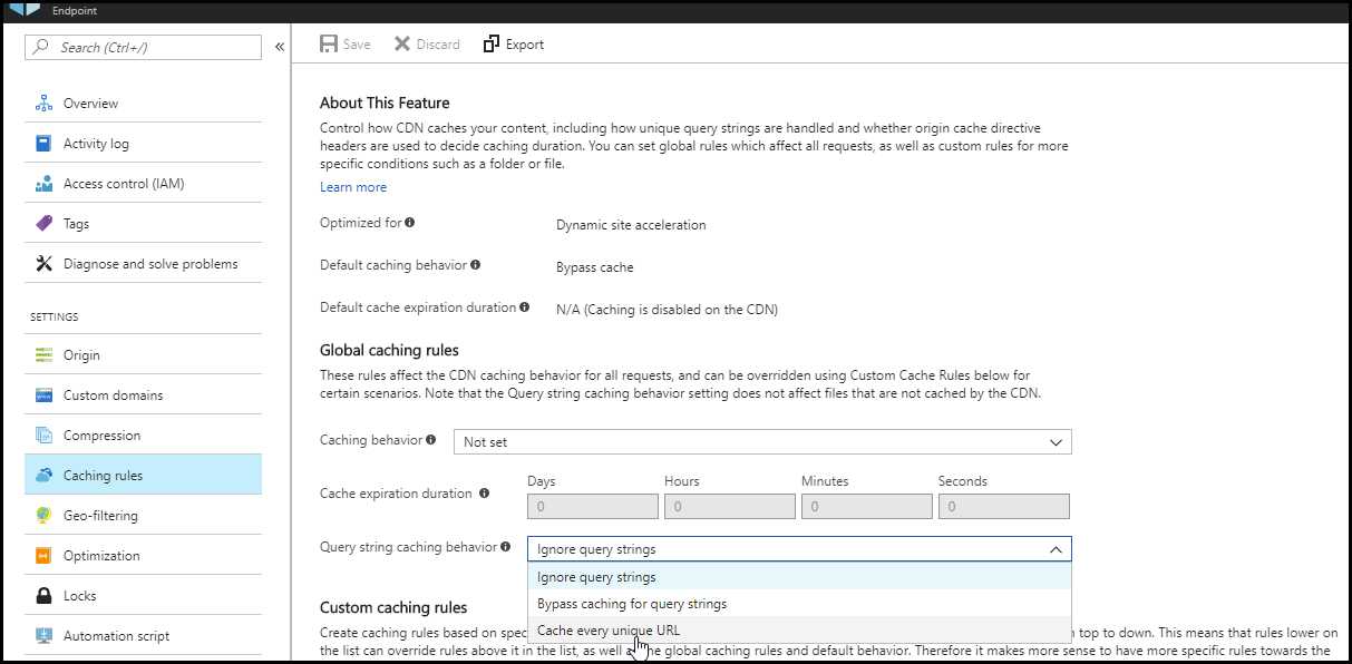 Screenshot of the content delivery network caching rules.