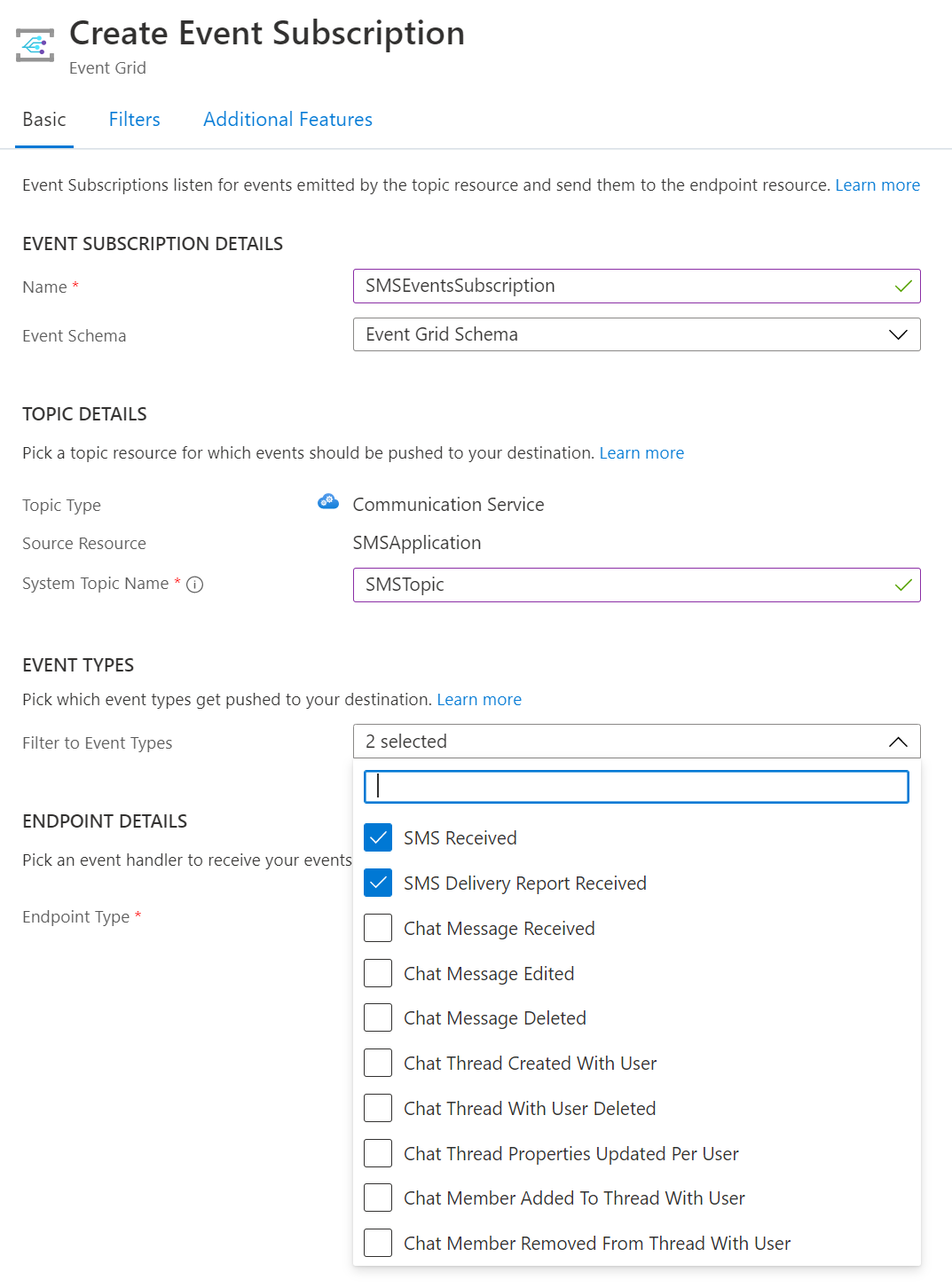 Screenshot that shows the Create Event Subscription dialog. Under Event Types, SMS Received and SMS Delivery Report Received are selected.