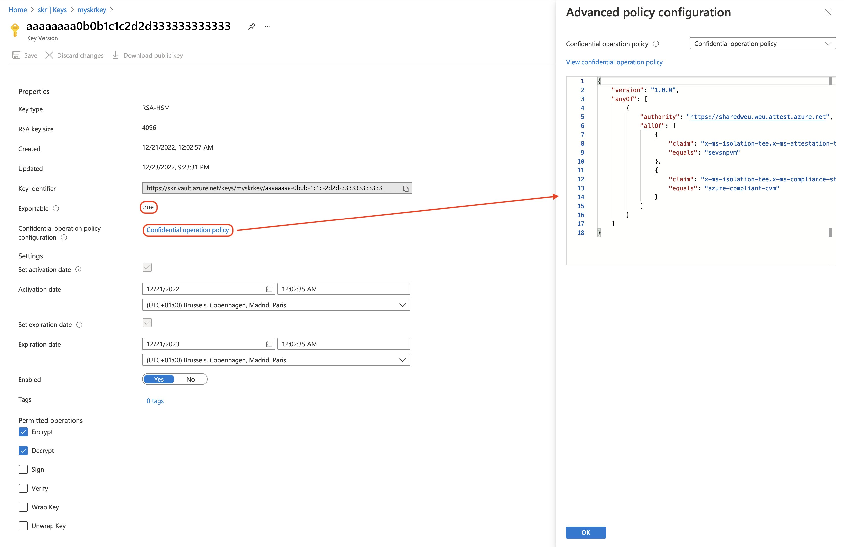 Screenshot of the Azure portal with the settings for key named 'my SKR key' visible. It shows another panel that shows the details of the secure key release policy.