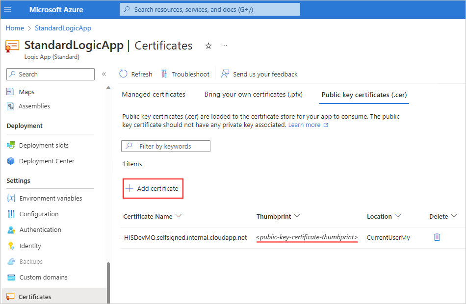 Screenshot shows Standard logic app with selected items: Certificates, Public key certificates, and Add certificate.