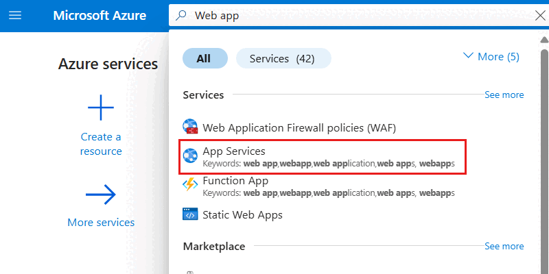 Screenshot of the 'App Services' option selected in the search menu.