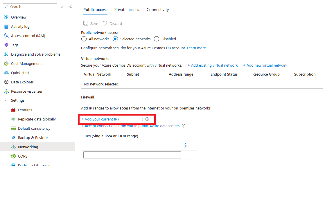 Screenshot of the option to add your current IP address to networking in the Azure portal.