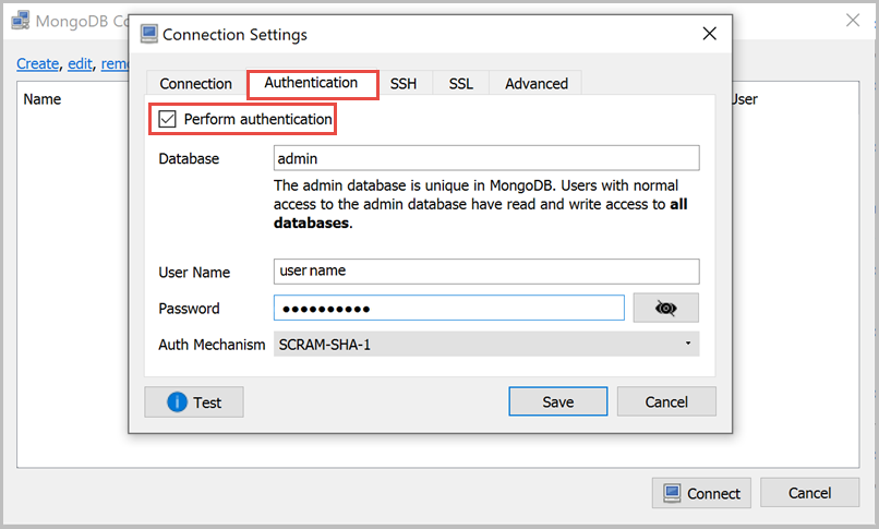 Screenshot of the Robomongo Authentication Tab