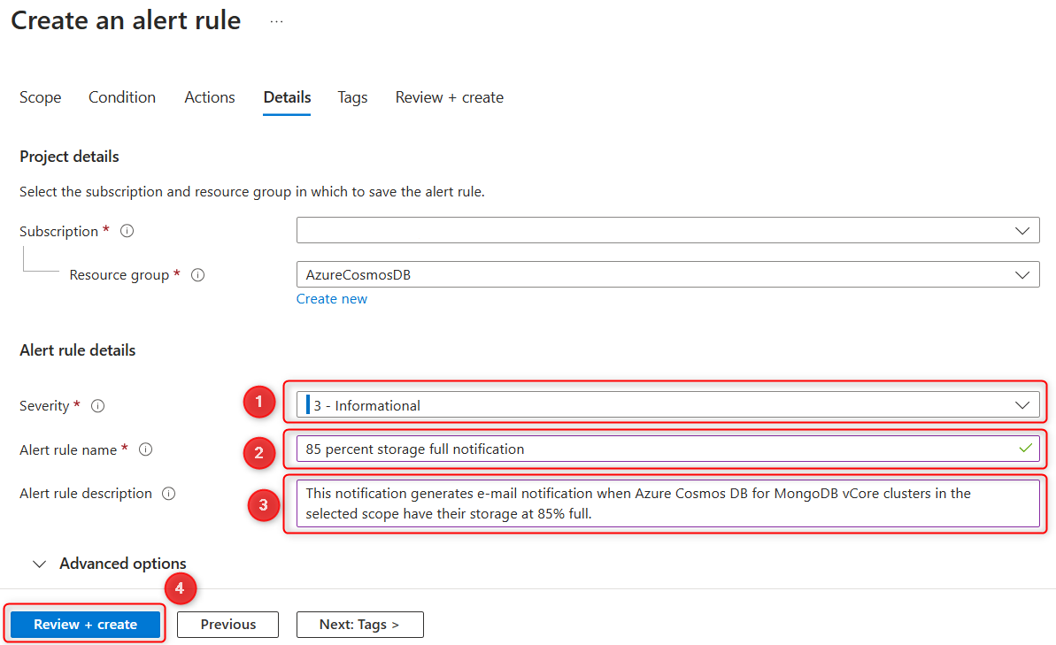 Screenshot of the completed alert rule details tab in the Azure portal.