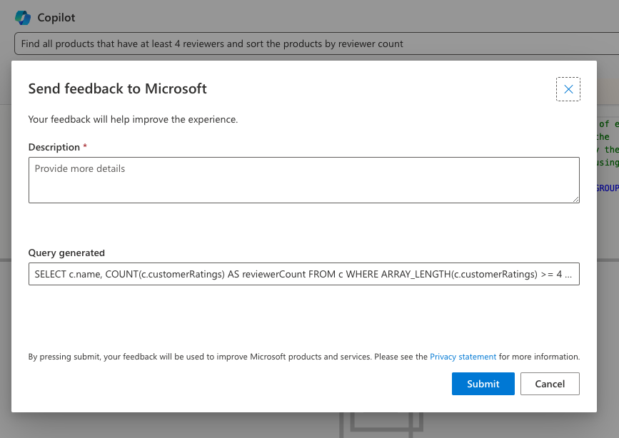 Screenshot of the Microsoft Copilot feedback form.