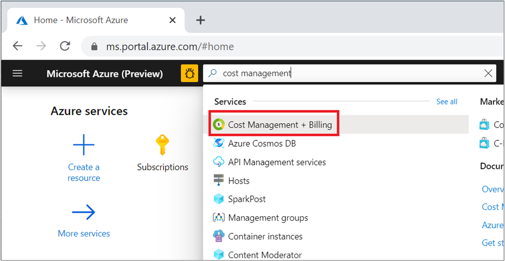 Screenshot showing Azure portal search for Cost Management + Billing.